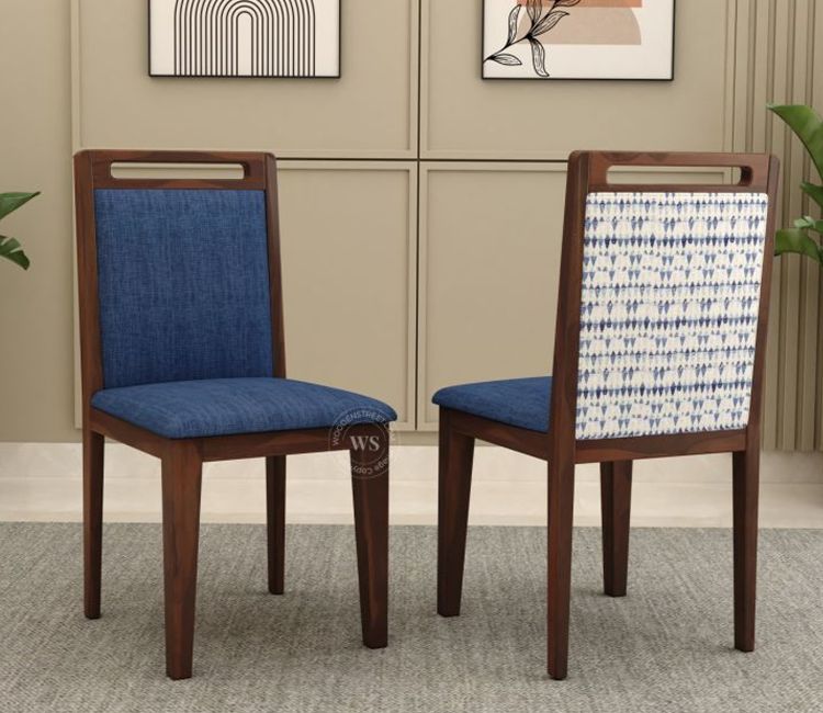 Hazel Sheesham Wood Premium Cotton Cushioned Dining Chair - Set of 2 (Cotton, Walnut Iris Blue)
