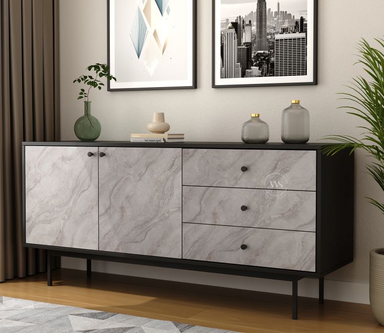 Marbay Modern Black Sideboard &amp; Cabinet with Textured Front &amp; Metal Base (Engineered Wood, Marble Pattern)