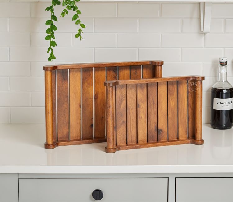 Buy Mango Wood Handcrafted Rectangular Serving Tray in Teak finish Set of 2 from Wooden Street
