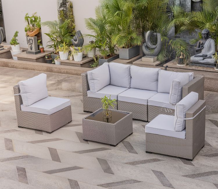 Verra Wicker Modular 3+1+1 Seater Outdoor Set with Coffee Table (Light Grey, Golden White) Verra Wicker Modular 3+1+1 Seater Outdoor Set with Coffee Table (Light Grey, Golden White)