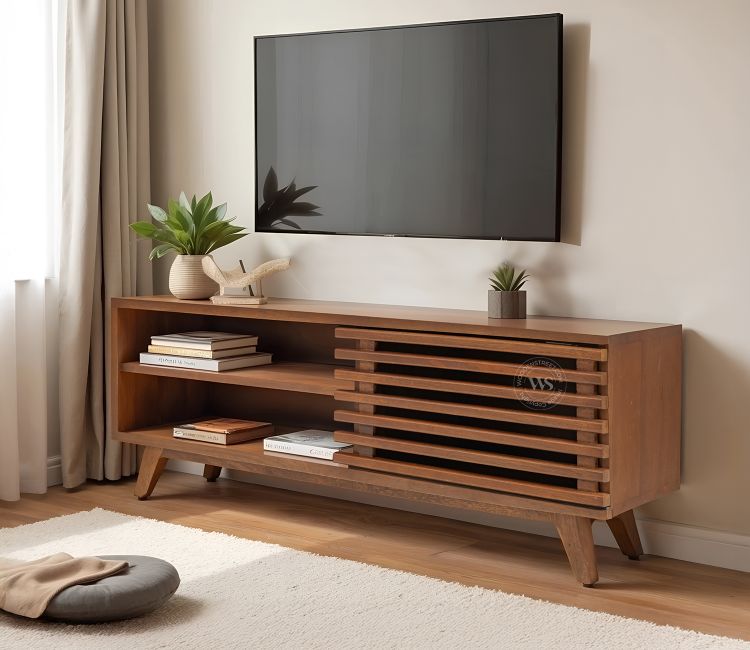 Axcel Mango Wood TV Unit with Pull-Down Drawer &amp; Open Shelves (Teak Finish)