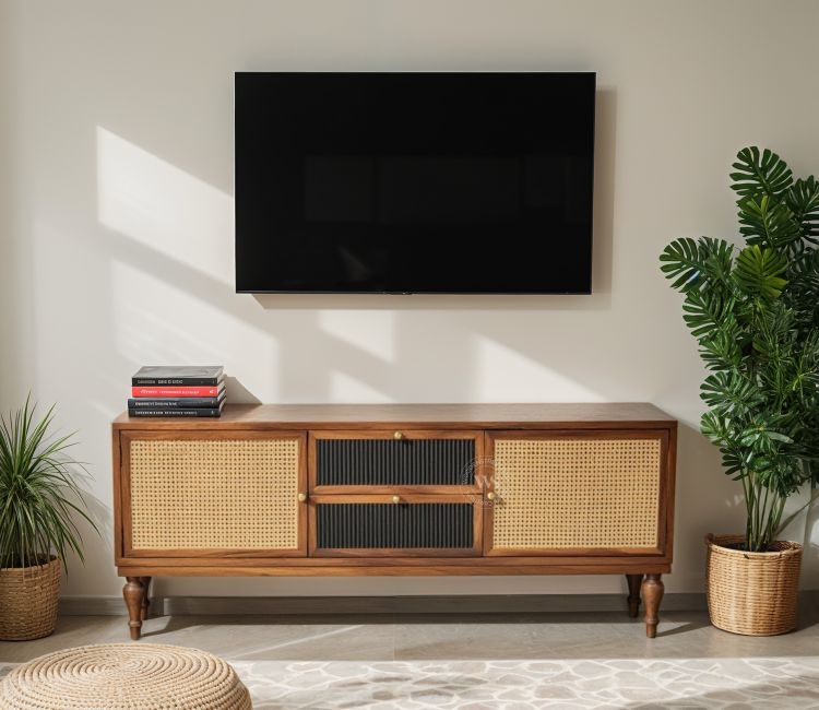 Murphy Solid Wood TV Unit with Storage and Cane &amp; Brass Accents