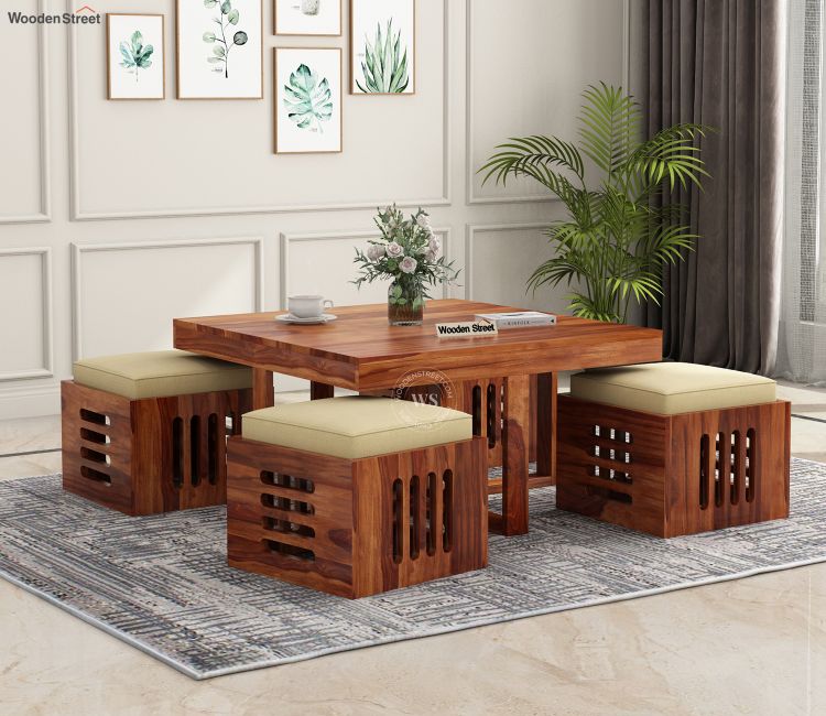 Petlin Sheesham Wood Coffee Table with Stools | Centre Table with 4 Cushioned Seats