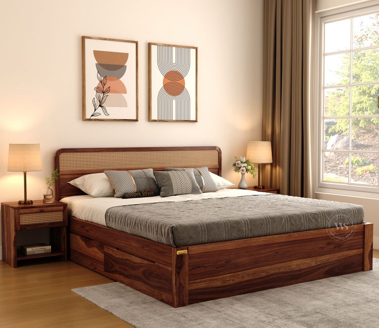 Balikos Sheesham Wood Bed with Drawer Storage and Cane Detailing (King Size, Teak Finish) Balikos Sheesham Wood Bed with 4 Drawer Storage and Cane Detailing (King Size, Teak Finish)