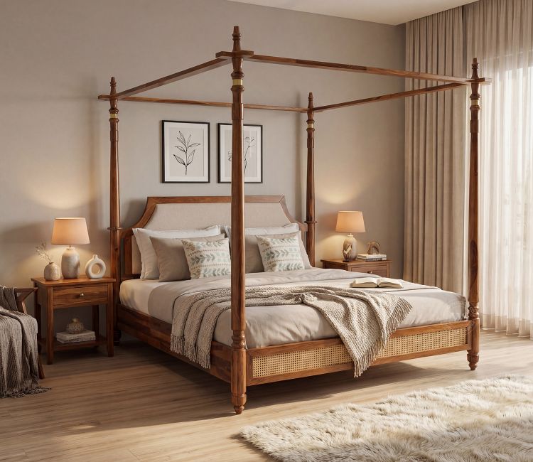 Samrat Sheesham Wood and Cane Upholstered Poster Bed Without Storage (King Size, Jade Ivory)