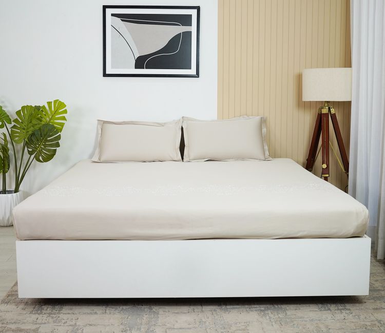 Foliate Embroidery 300 TC Flat Pure Cotton King Size Bedsheet With 2 Pillow Covers (Grey) Elegant foliate embroidered | king size bed sheet set | Buy bedsheets online in India at Wooden Street for the best deals.