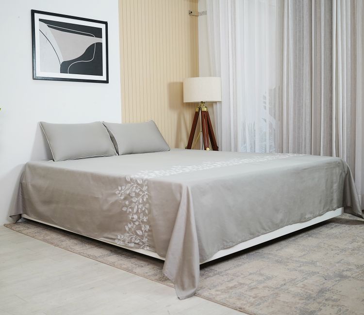 Leaf Jaal Embroidery 300 TC Flat Pure Cotton King Size Bedsheet With 2 Pillow Covers (Grey) Bed Sheet | cotton bedsheets online | bed sheet design | Buy Bedsheets Online in Bangalore, Delhi, Hyderabad, Mumbai, kolkata, chennai, pune, ahmedabad