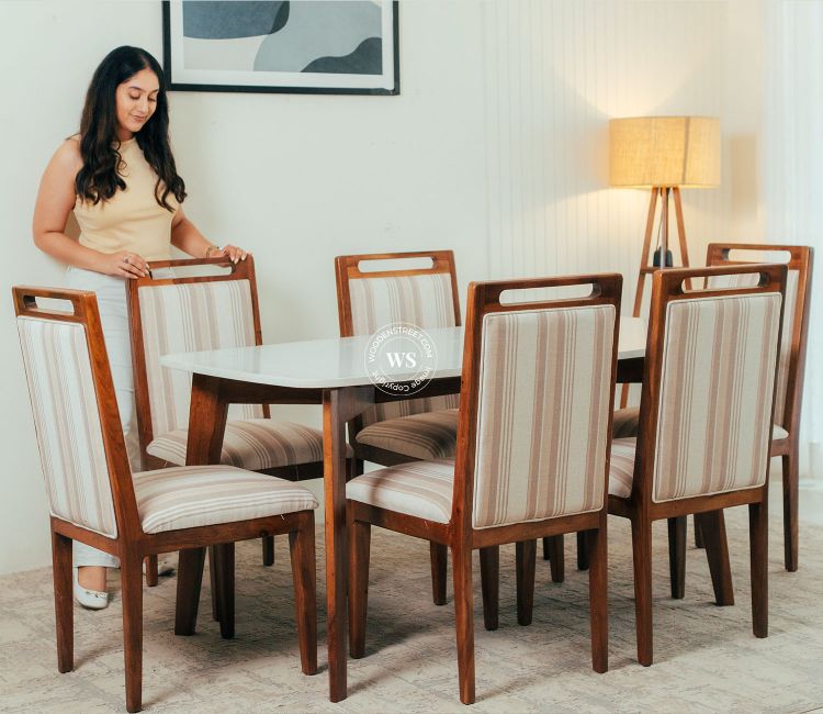 6 Seater Sheesham Wood Dining Table Set with Marble Top