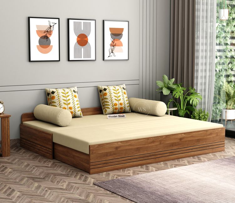 Austria Sofa Cum Bed With Box Storage &amp; Mattresses (King Size, Columbian Walnut Finish, Irish Cream)