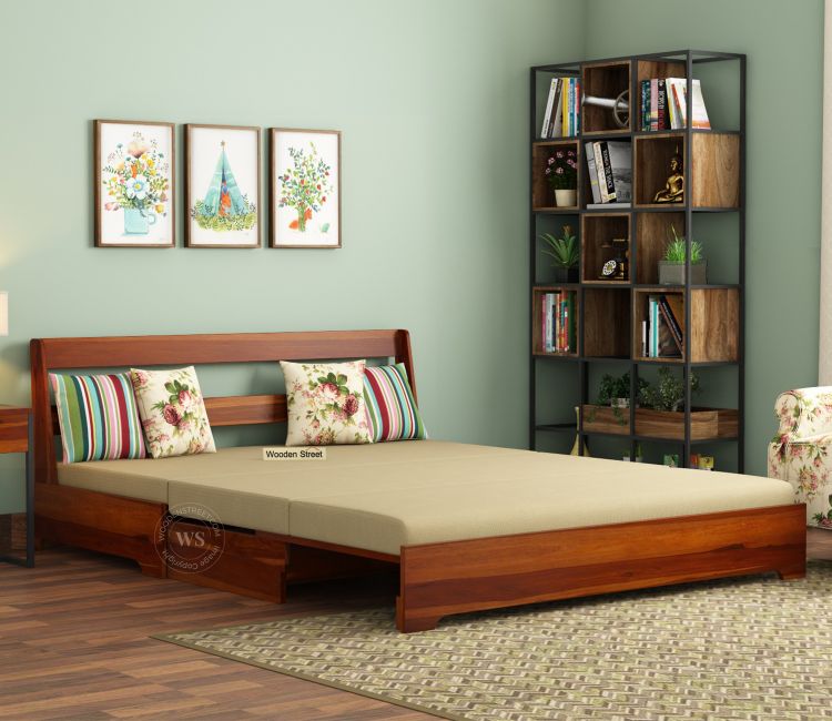 Della 3 Seater Sheesham Wood Sofa Cum Bed Without Armrests (Honey Irish Cream)