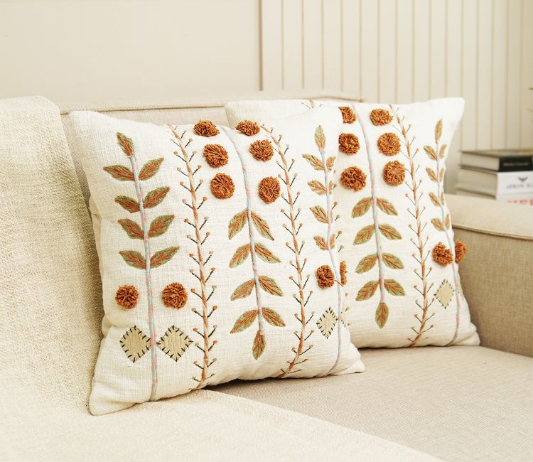Embroidered Cotton Cushion Covers Set of 2 | floral cushions for sofa