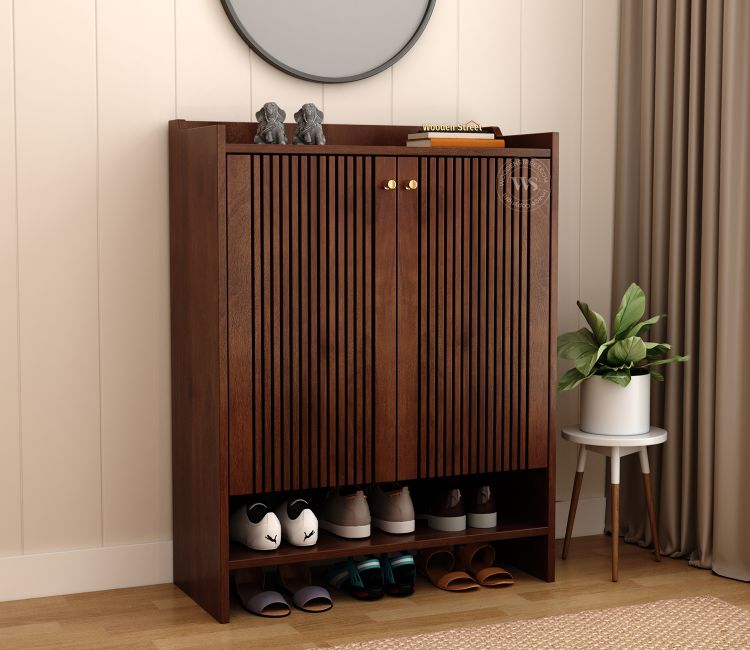Vaultin Solid Wood Shoe Cabinet with Slatted Doors &amp; Open Shelf  (Mango Wood, Teak Finish)