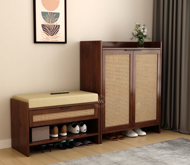 Stridon Solid Wood Shoe Rack &amp; Bench Set with Cane Detailing (Mango Wood, Teak Finish)