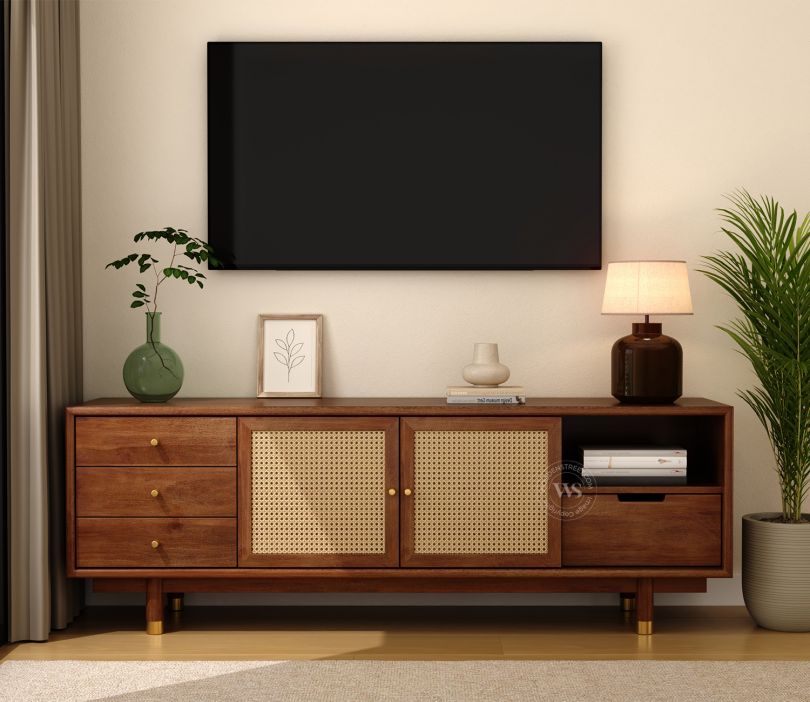 Estelle Mango Wood and Cane TV Unit (Teak Finish)