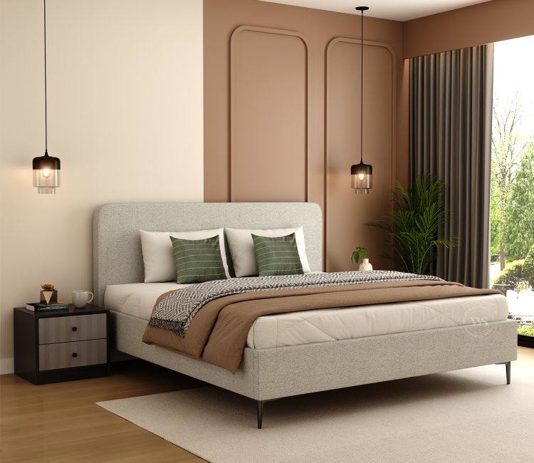 Andreas Premium Fabric Bed with Curved Headboard &amp; Without Storage (Queen Size, Glacier Grey)