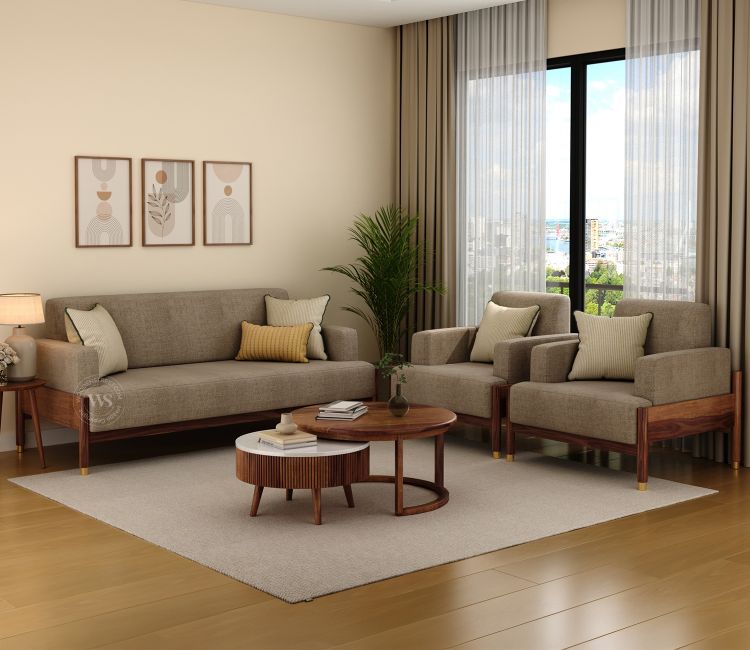 Kairav Modern 3+1+1 Wooden Sofa Set with Premium Upholstery (Pebble Beige)