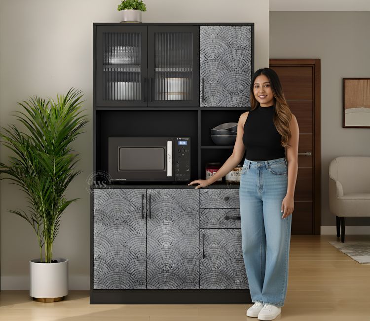 Basilic Engineered Wood Kitchen Cabinet with Textured Front &amp; Ample Storage Space (Scallop Pattern)