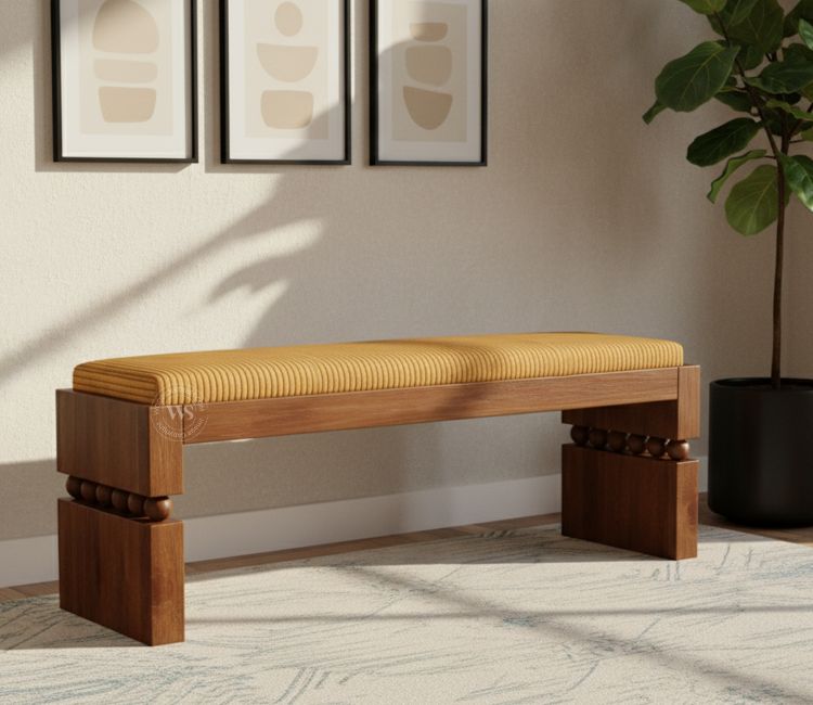 Tanvi Mango Wood Upholstered Bench (Golden Hush)