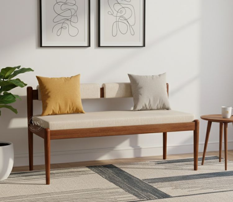 Raavi Mango Wood Upholstered Bench with Backrest (Teak Finish, Jade Ivory)