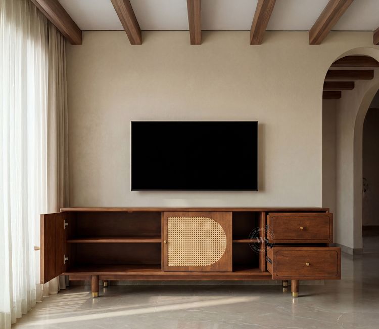 Gyana Mango Wood TV Unit Design with Cane &amp; Brass Accents
