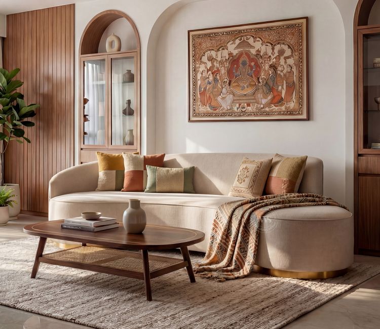 Osbert 3 Seater Curved Sofa (Cotton, Jade Ivory) buy Velvet Fabric Sofa Set online price | 3 Seater Sofa Design For Living Room