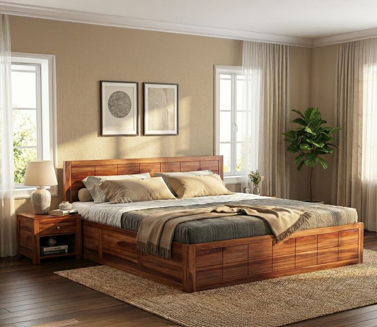 Brixton Sheesham Wood Bed With Box Storage (King Size, Honey Finish) Brixton Sheesham Wood King Size Bed With Box Storage in Honey Finish