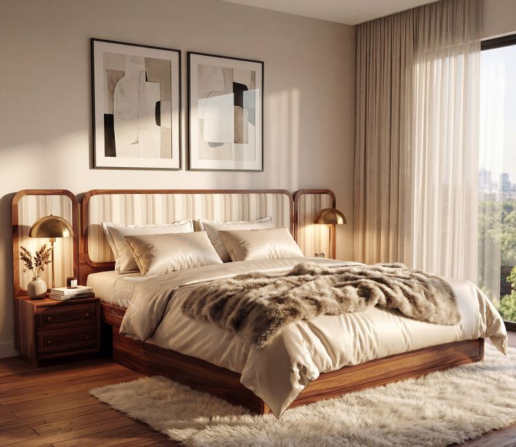Iransh Premium Sheesham Wood Bed with Striped Headboard, Drawer Storage &amp; 2 Modular Bedside Tables (Queen Size, Cream Stripe)