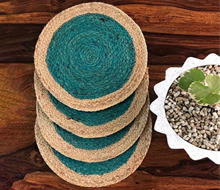 Set of 4 Green Colored Single Ring Round Jute Placemat