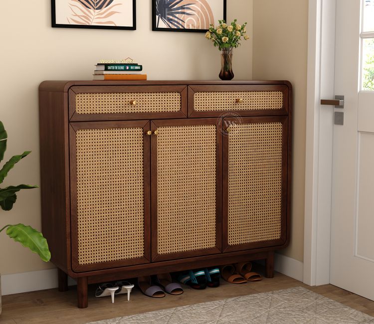 Dashlet Premium Solid Wood Shoe Cabinet With Cane Detailing (Mango Wood, Teak Finish)