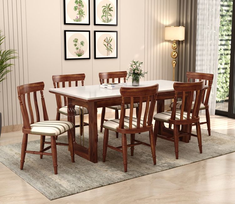 Kanak Designer 6 Seater Sheesham Wood Dining Table Set with Quartz Top &amp; Brass Accents (Teak Finish)