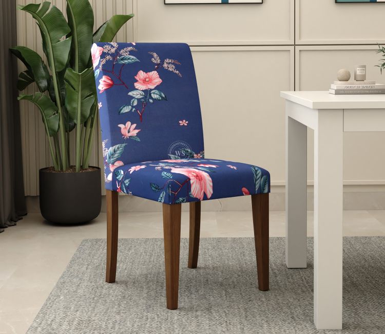 Washable Dining Chair Covers Flaubert Floral Printed Polyester Spandex 1 Piece Chair Cover in Blue Colour