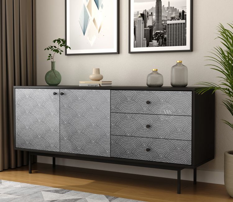 Marbay Modern Black Sideboard &amp; Cabinet with Textured Front &amp; Metal Base (Engineered Wood, Scallop Pattern)