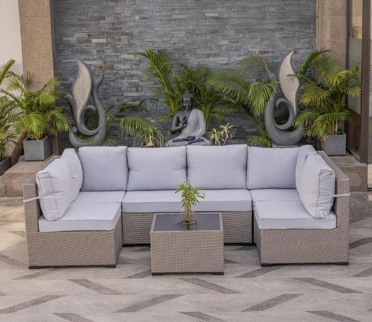 Verra Wicker Modular 6 Seater Outdoor Set With Coffee Table (Light Grey, Golden White) Verra Wicker Modular 6 Seater Outdoor Set With Coffee Table (Light Grey, Golden White)