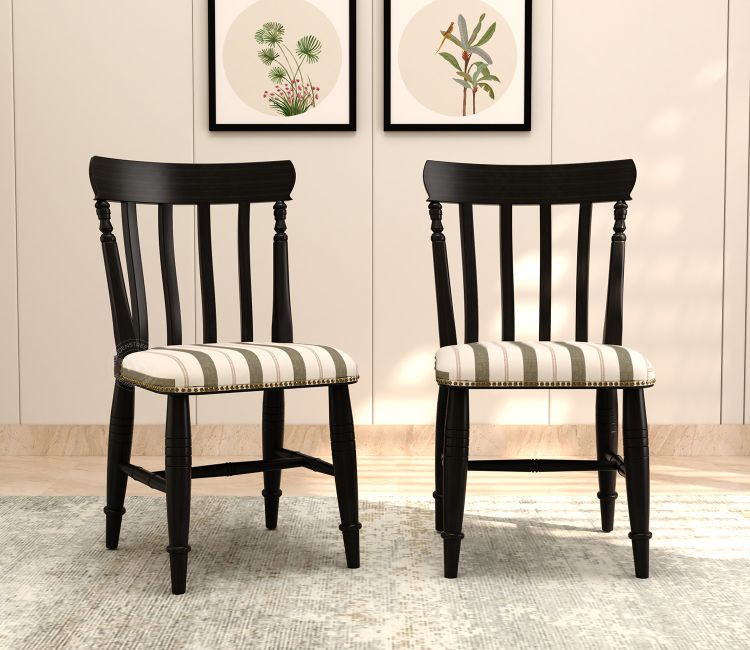 Misha Mango Wood Dining Chair- Set of 2 (Black Finish, Green Stripes)