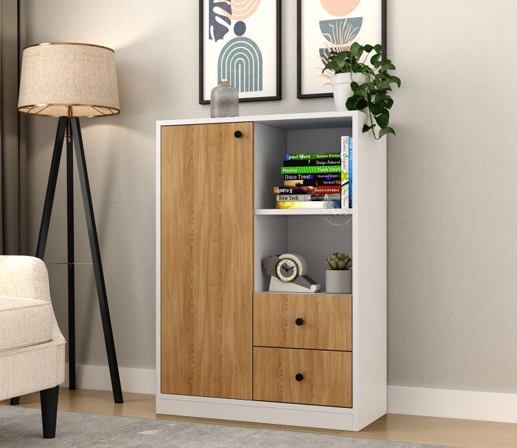 Agatha Modern Bookshelf with Open &amp; Closed Storage, Textured Fronts (Engineered Wood, Santana Pattern)