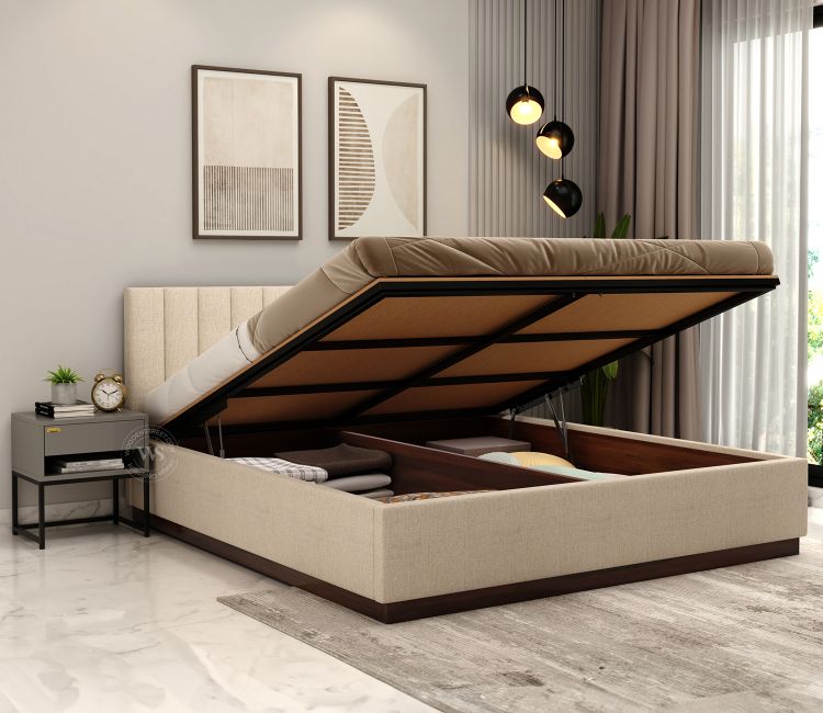 Nuvo Premium Upholstered Bed With Hydraulic Storage (Queen Size, Jade Ivory)