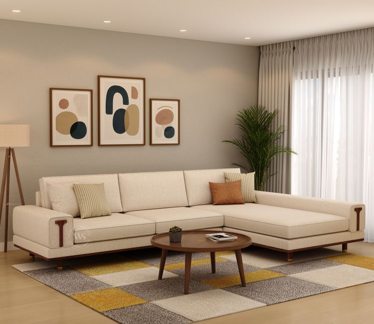 Nivas L-Shaped Sofa with Wooden Accents (Jade Ivory) Nivas L-Shaped Sofa with Wooden Accents (Jade Ivory)