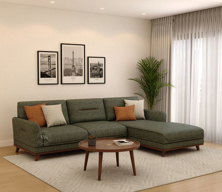 Alvaro L Shape 4 Seater Sofa with Wooden Accents (Sage Green) Alvaro L Shape 4 Seater Sofa with Wooden Accents (Sage Green)