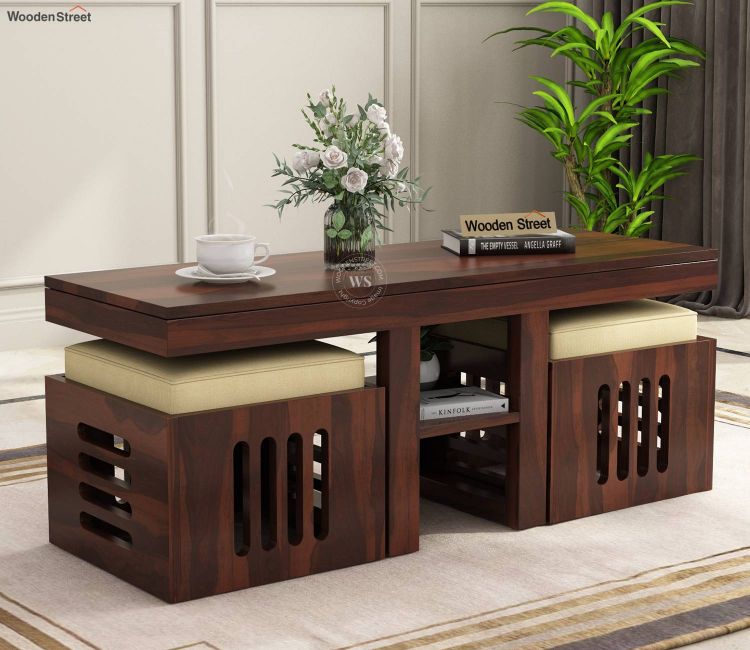 Sheesham Wood Coffee Table with Stools Online in Mumbai, Delhi, Hyderabad