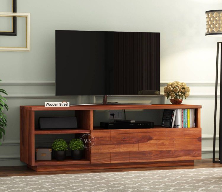 Buy tv cabinet online in India | Natalia Sheesham Wood Tv Unit with Shelf Storage in Honey Finish | tv unit for living room