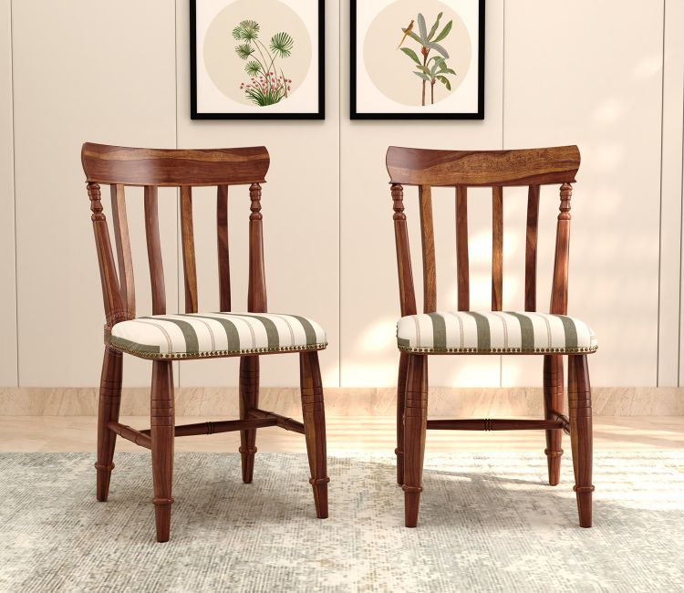 Misha Sheesham Wood Dining Chair- Set of 2 (Teak Finish, Green Stripes)