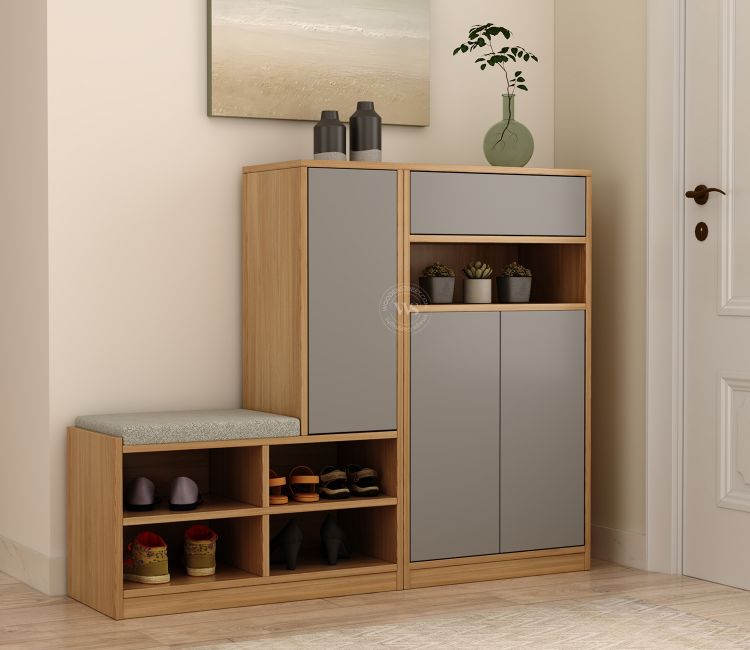 Ravina Multi-Functional Engineered Wood Shoe Rack with Cushioned Seat, Open Rack &amp; Closed Cabinets (Dual Finish)