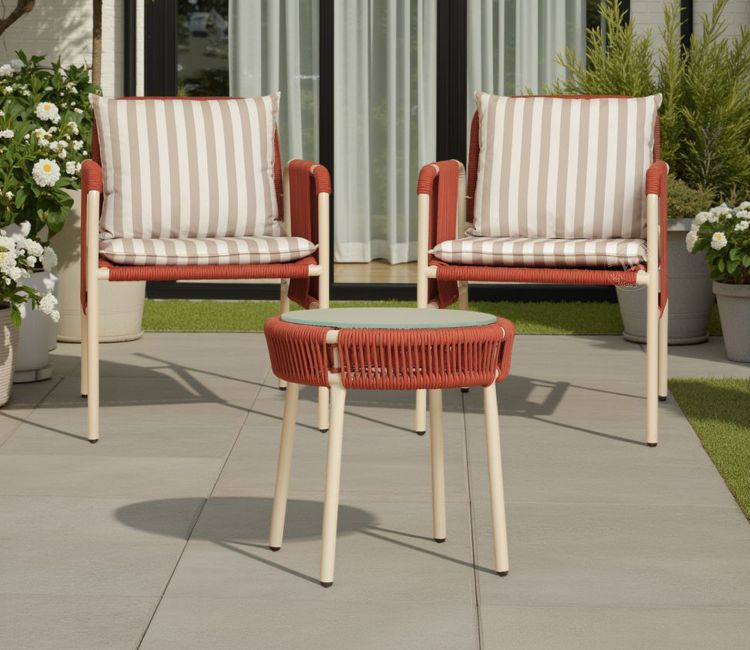 Corsica Rope Woven 2 Seater Outdoor Set with Coffee Table (Brick Red)