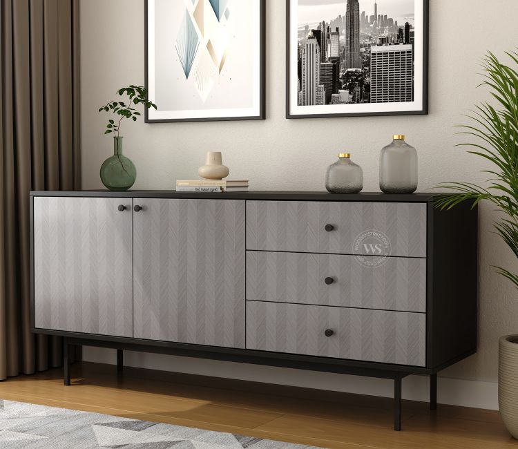 Marbay Modern Black Sideboard &amp; Cabinet with Textured Front &amp; Metal Base (Engineered Wood, Chevron Pattern)