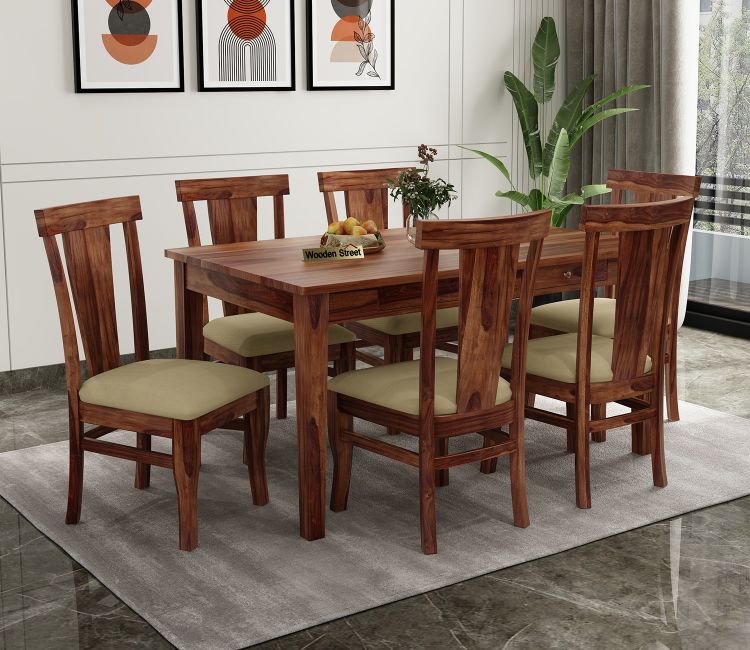 Buy Wooden Street Rectangle Wooden Dining Table 6 Seater with Storage in Honey Finish