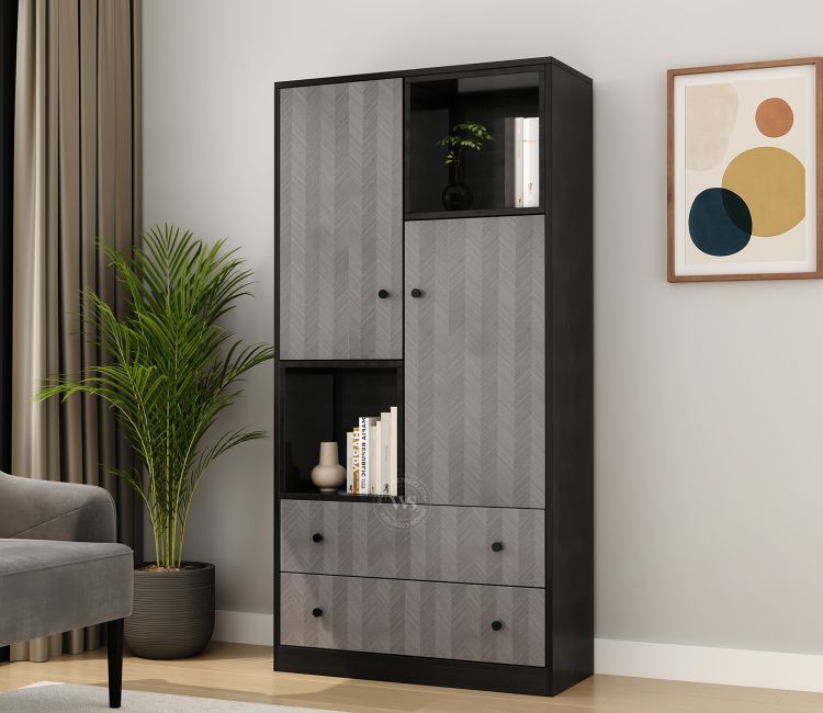 Twain Modern Bookshelf with Open &amp; Closed Storage, Textured Fronts &amp; Metal Base (Engineered Wood, Chevron Pattern)