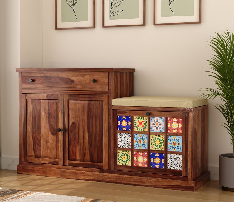 Shoe Rack Design Boho Modern 16 Pair Shoe Rack With Seat in Honey Finish