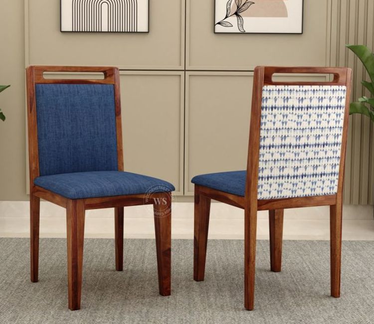 Hazel Sheesham Wood Premium Cotton Cushioned Dining Chair - Set of 2 (Cotton, Honey Iris Blue)