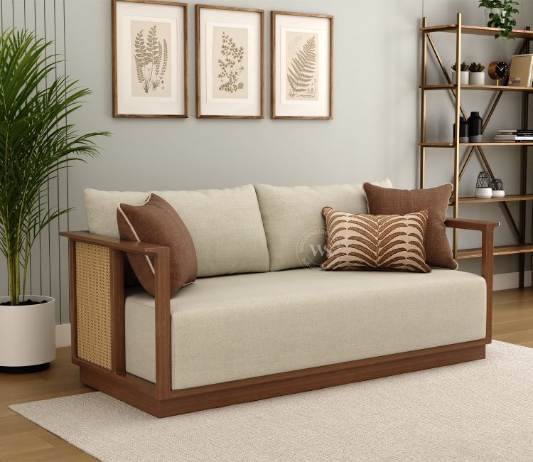 Varnik 3 Seater Ash Wood Sofa with Cane Accents (Teak Finish, Cottage Ivory) Varnik 3 Seater Ash Wood Sofa with Cane Accents (Teak Finish, Cottage Ivory)