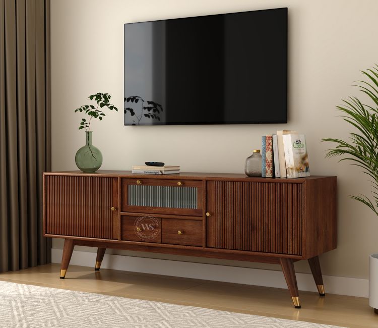 Hamona Premium Mango Wood TV Unit with Drawers And Cabinets (Mango Wood, Teak Finish)